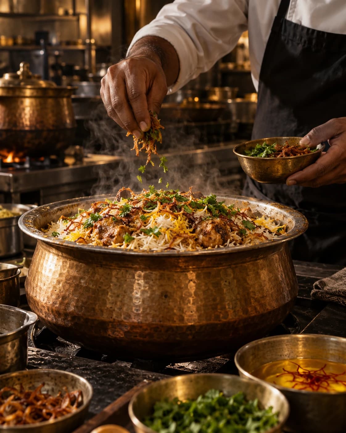 Chef finishing a copper handi of biryani with fried onions and herbs